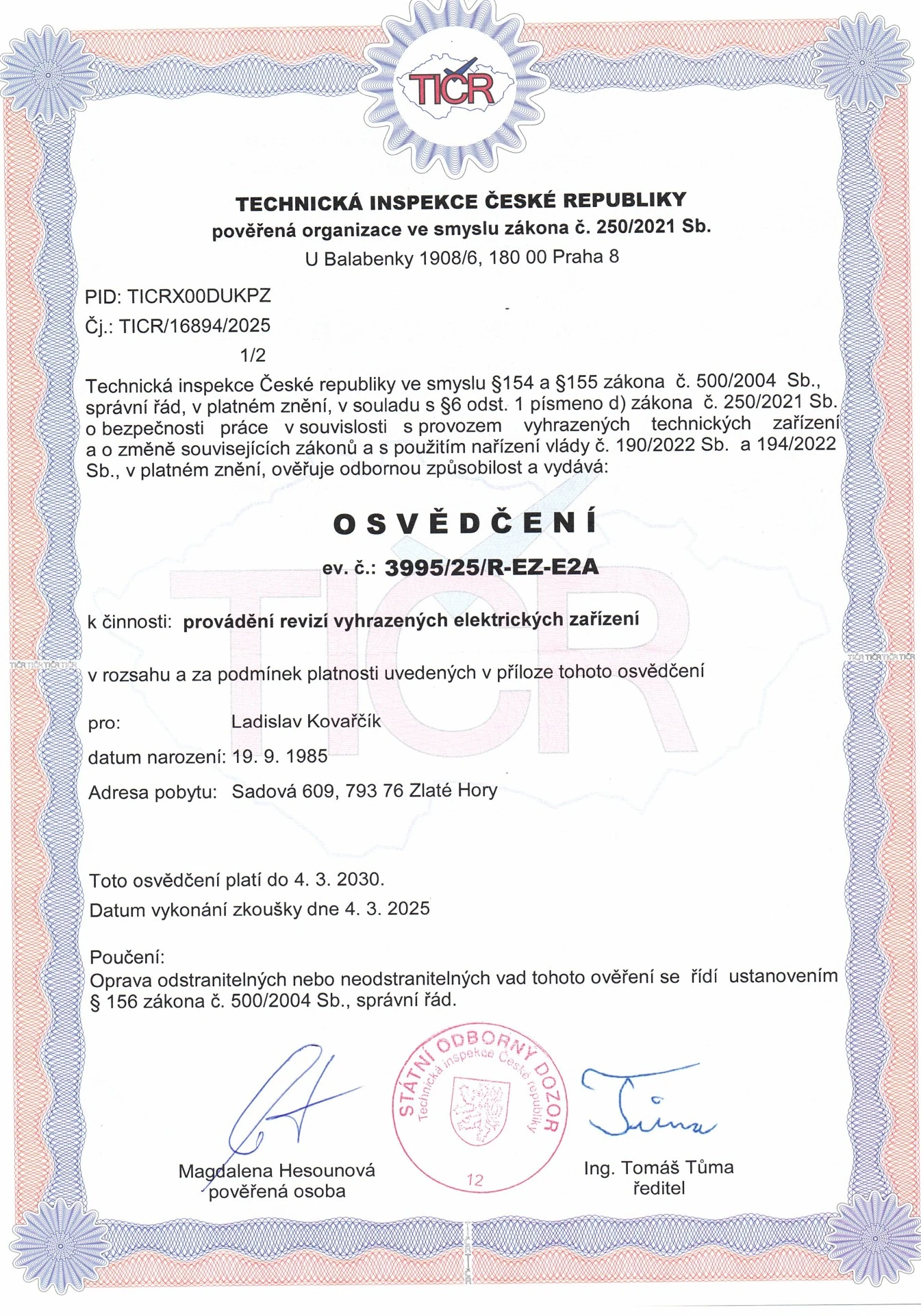 Osvědčení revizního technika
