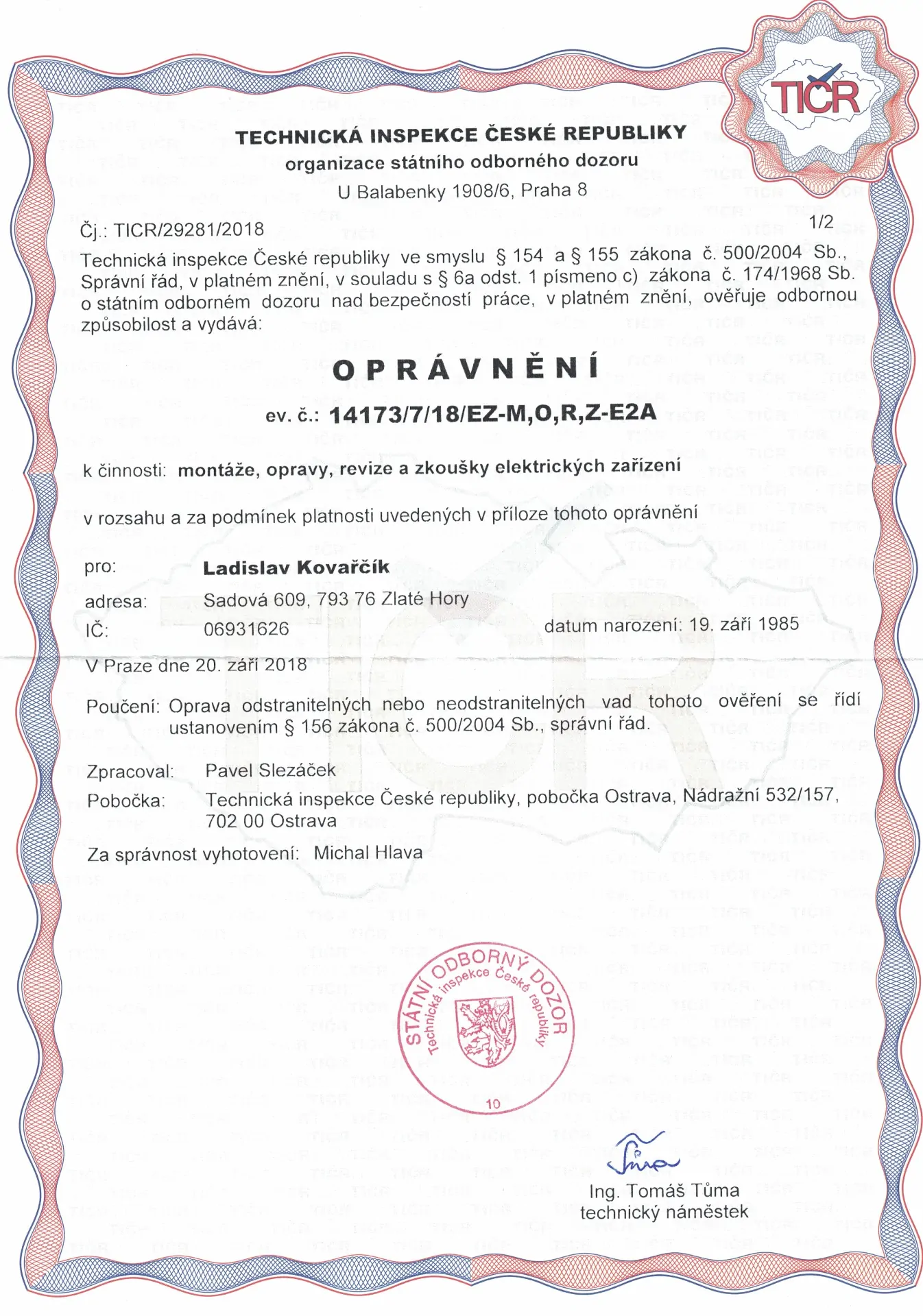 Oprávnění TIČR